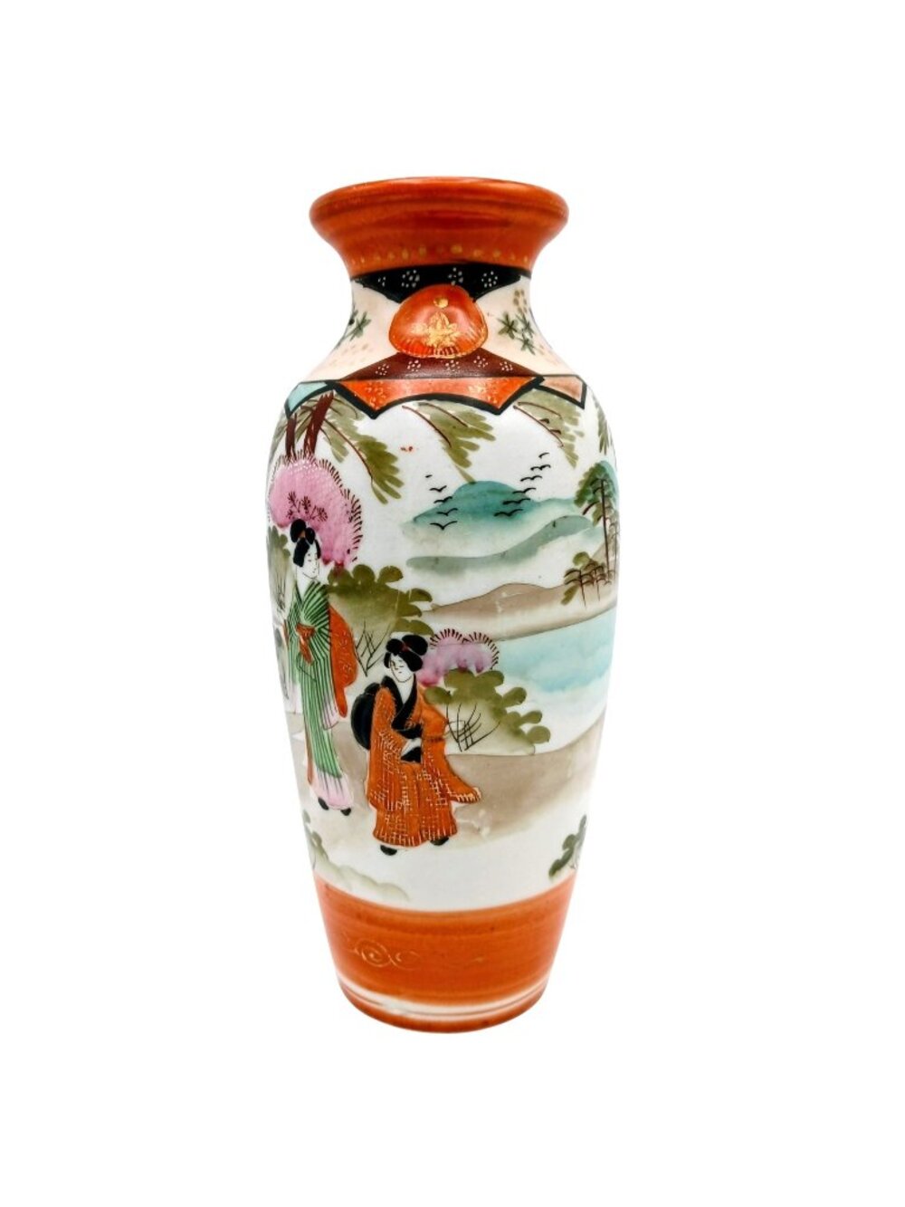 Antique Japanese Kutani Vase Meiji Period Hand Painted Figural Landscape 7"